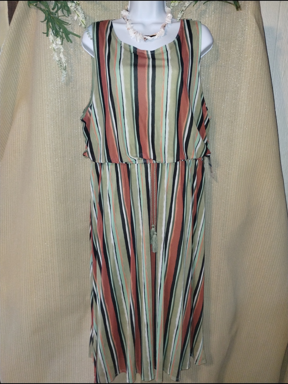 Ruby Rd. Striped Sleeveless Maxi Dress in Rust, Sage, Black & Cream